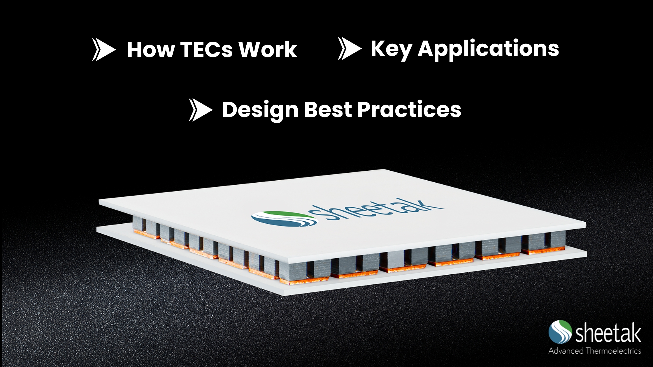 July 18 Blog Header Image Sheetak thermoelectric cooler (TEC) module with text highlighting How TECs Work, Key Applications, and Design Best Practices on a black background.